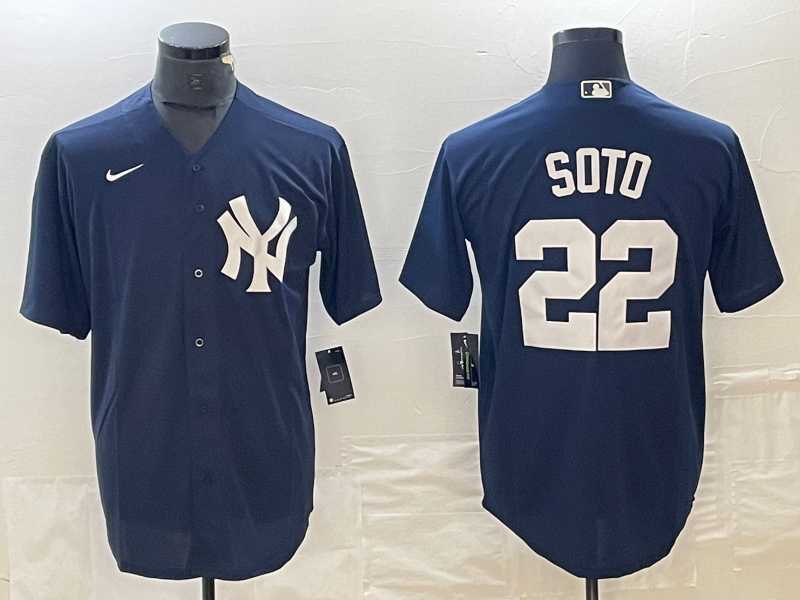 Mens New York Yankees #22 Juan Soto Name Navy Blue Cool Base Stitched Baseball Jersey